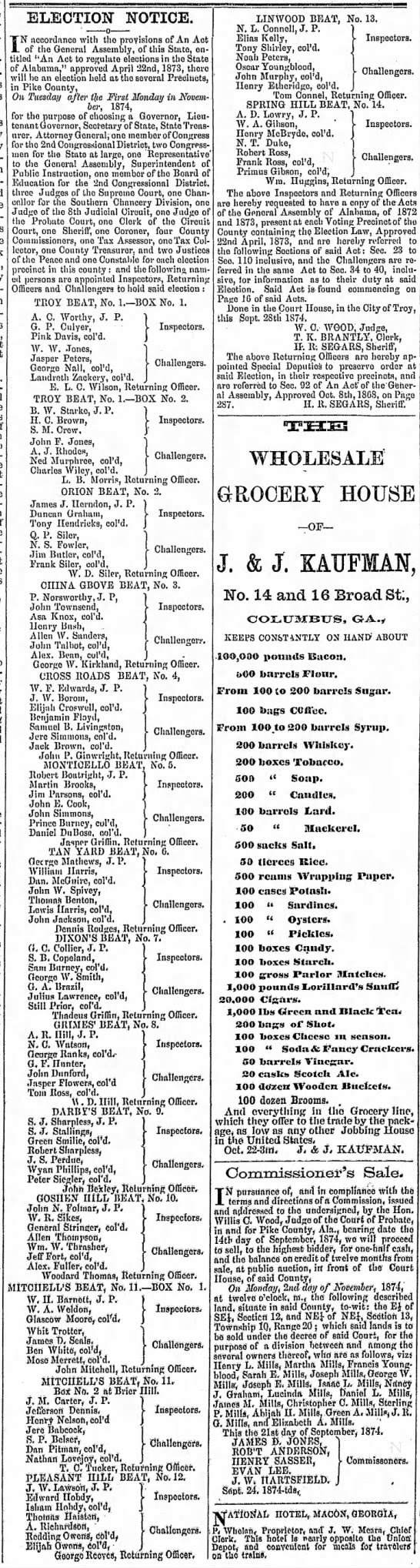 Frank Ross election poll 1874 Pike County, Alabama